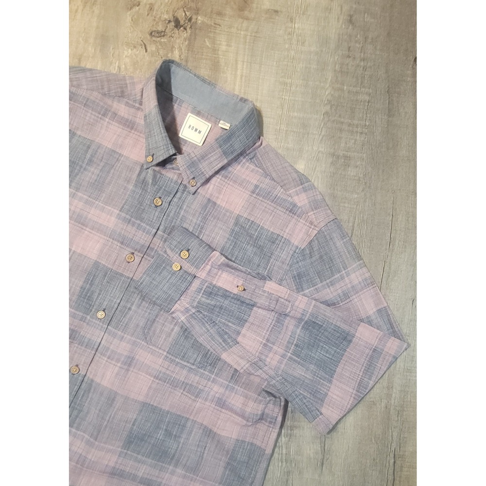 ROWM Mens XL Long Sleeve Button Down Shirt Blue Pink Plaid Cotton Casual Top